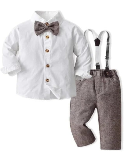 Baby Boys Gentleman Dress Shirt + Pants + Suspenders & Bow Tie 3 pcs Set