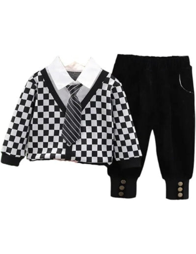 Boys Checkered Set: Sweater + Shirt + Tie +Pants