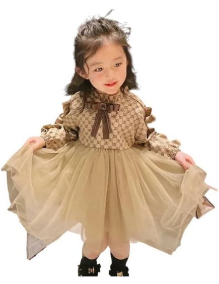 Luxury Branded Print Dress with Tulle Skirt for Girls