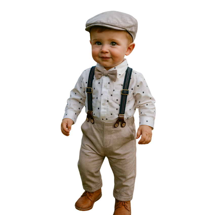 Baby Boy Bodysuit Set | White & Navy Blue Shirt + Suspenders + Pants + Beret Hat