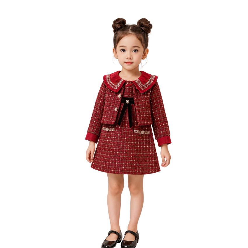 Girl's Plaid Dress with Long Sleeves Blazer Winter Dress - G0046