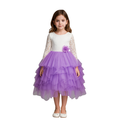 Long Sleeve lace Dress with Layered Tulle Skirt for Girls - G0088