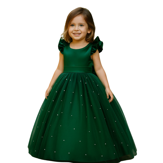 Elegant Satin Dress with Tulle Skirt Overlay and Pearl appliqués - G0030