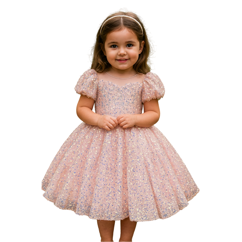 Beautiful Pink Sequined Dress with Princess Cut and Bow at The Back - G0015