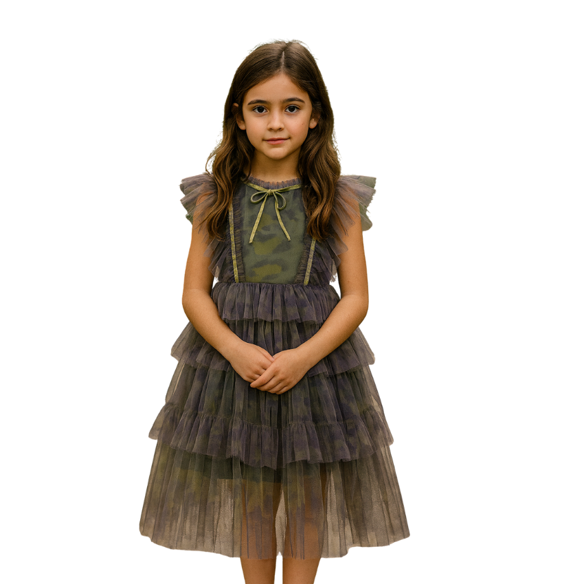 Printed Dress with Tulle and Ruffle Layers - Fall dresses for girls - G0101