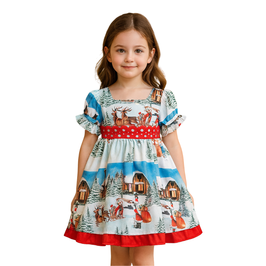 Christmas Dress for Girls with Delicate North Pole Print and red Bow - G0025