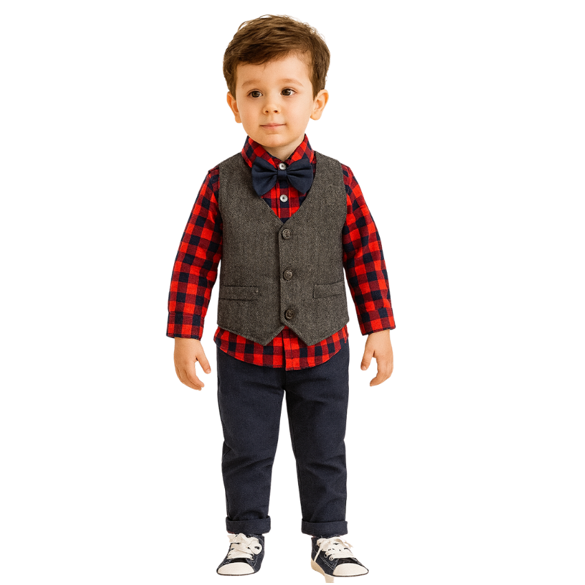 Toddlers Boys Long Plaid Sleeve Shirt + Jeans + Suspenders & Bow Tie - B0032