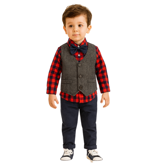 Toddlers Boys Long Plaid Sleeve Shirt + Jeans + Suspenders & Bow Tie - B0032