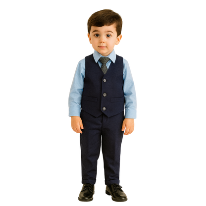 Boys Suit Casual Blue Set Vest + Pants + Light Blue Dress Shirt - B0015