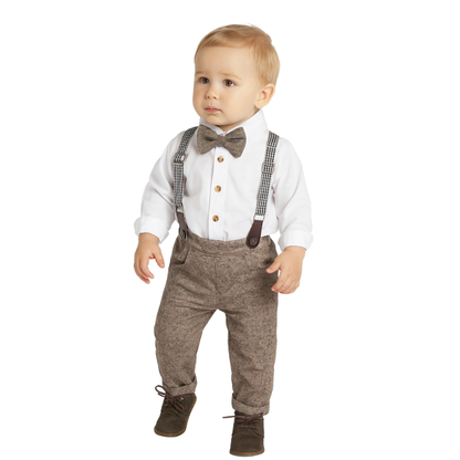 Baby Boys Gentleman Dress Shirt + Pants + Suspenders & Bow Tie 3 pcs Set - B0003