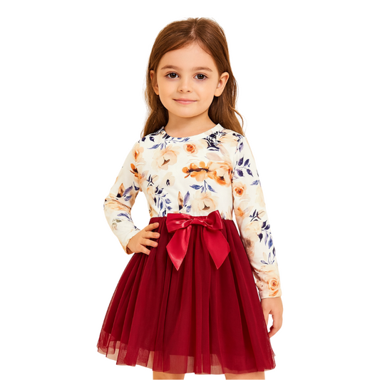 Baby Girls' Floral Long-Sleeve Dress with Tulle Skirt – Spring Dress G007