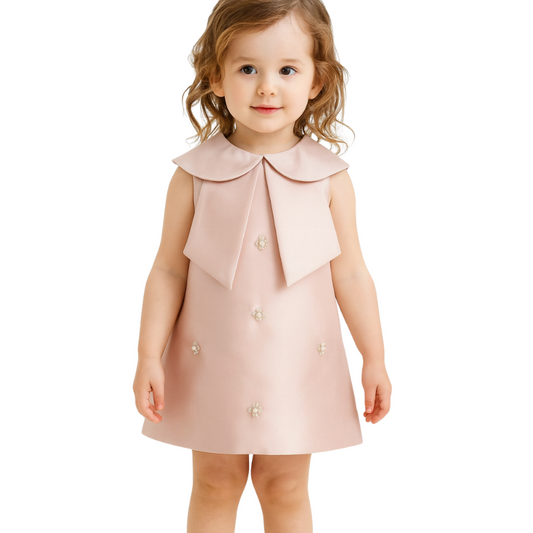 Girl's Satin Dress Above The Knees with Pearl Details - G0050