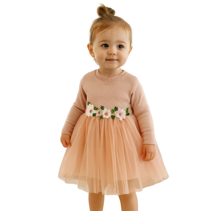 Long Sleeve Cotton Dress with Tulle Skirt and Embroidered Flowers - G0086