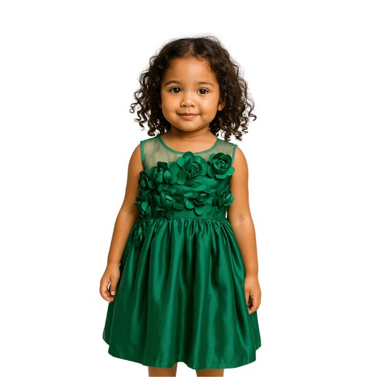 Satin Dress for Babies and Girls with Floral Applications - G0111