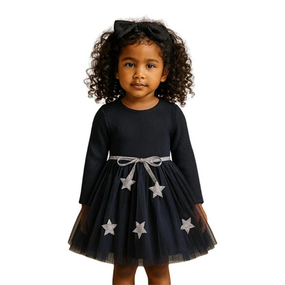 Long Sleeve Dress with Tulle Skirt and Silver Stars for Girls - G0087