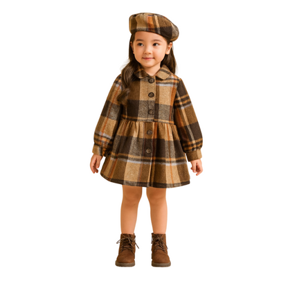 Brown Plaid Dress with Beret for Winter - G0021